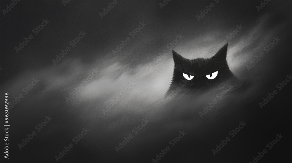 Obraz premium Eyes of the Storm: A sleek black cat emerges from the shadows, its piercing gaze illuminating the swirling mists of a dark and stormy night. 