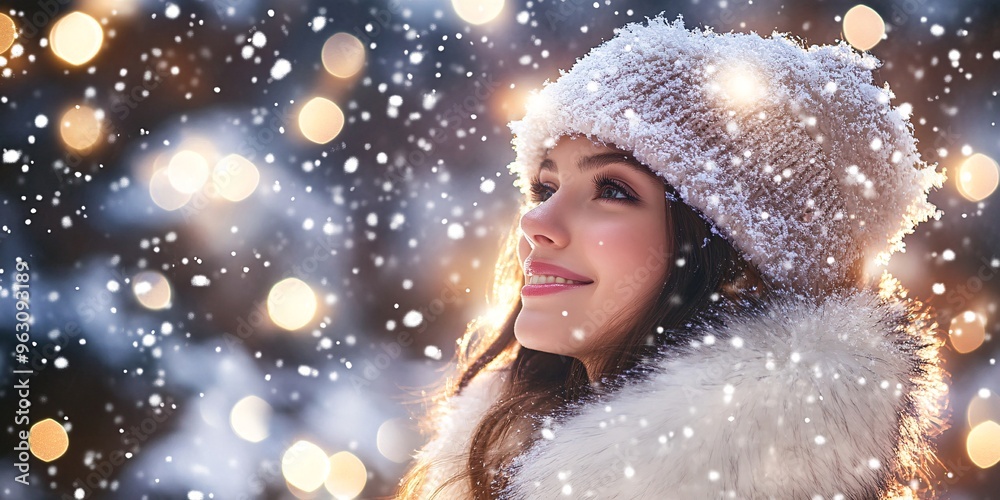 Winter portrait of a smiling woman in a cozy white hat and coat amidst falling snow and glowing holiday lights