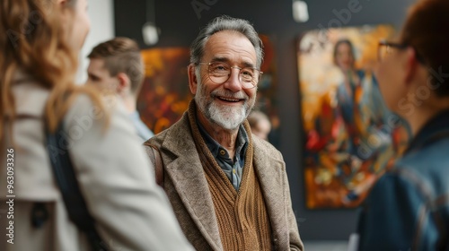 A successful artist receiving an award at a gallery exhibition, with admiring looks from attendees