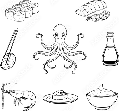 Set of hand drawings of sushi, octopus, shrimp, sushi sticks, soy sauce, wasabi. Vector sketches in linear style on transparent background 
