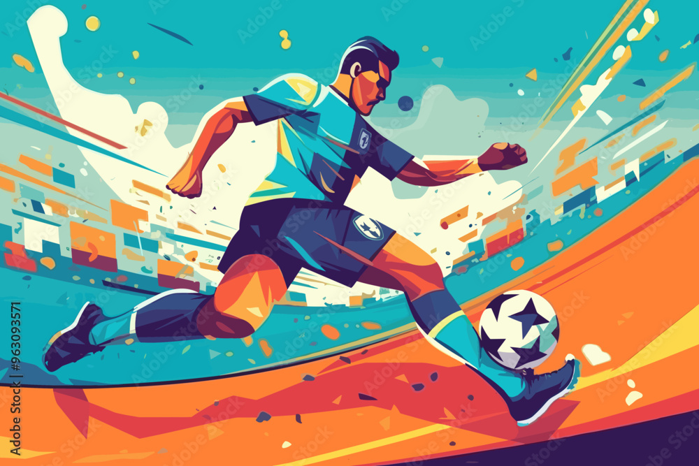 Fototapeta premium Soccer player kicking a ball on a dynamic vibrant field during a match, vector illustration.