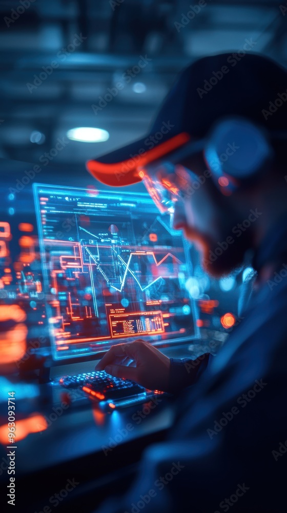 Holographic technology projecting a realistic virtual simulation of a factory assembly line, with engineers analyzing performance. Holographic technology projecting a realistic virtual simulation of a factory assembly line, with engineers analyzing performance.