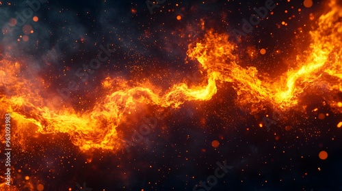 Intense fire streak  fierce orange flames  dynamic motion  glowing embers  swirling smoke  dark background  fiery explosion  sparks flying  heat energy  blazing inferno  abstract fire art.
