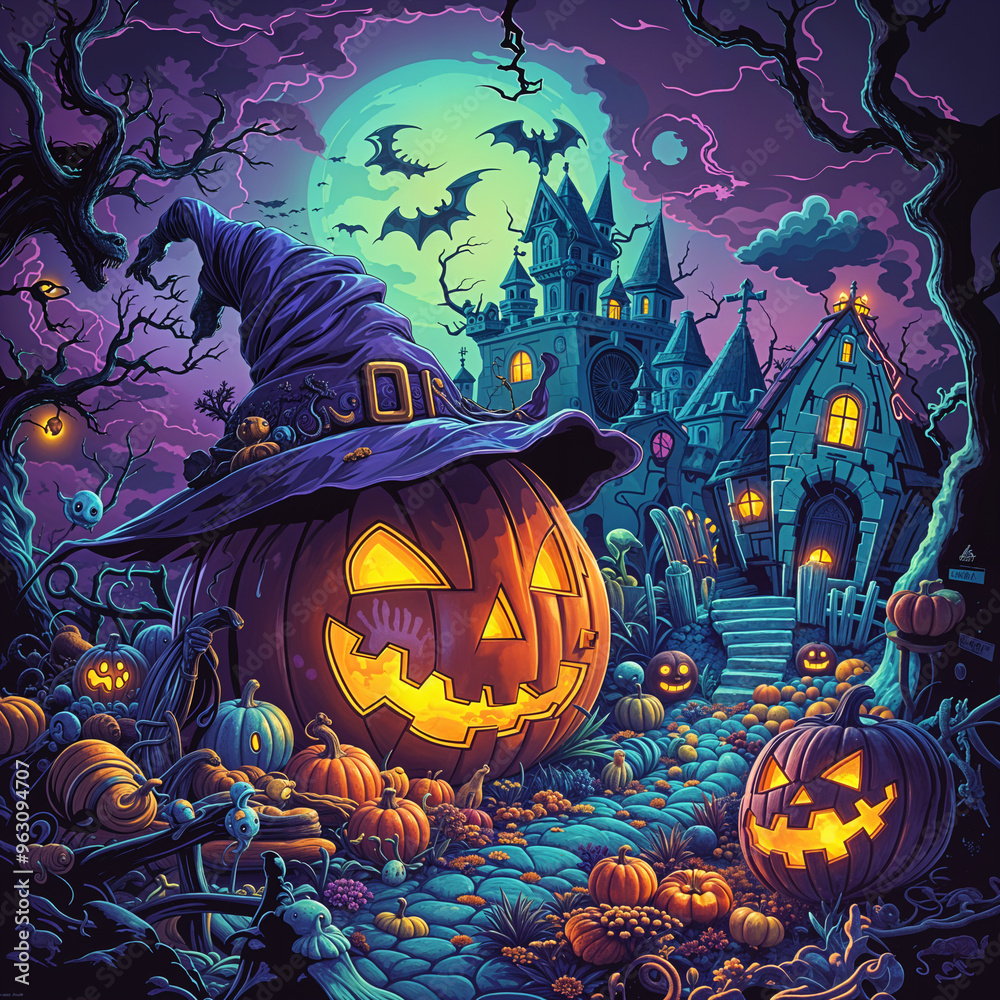 Fototapeta premium Pumpkin Jack-O-Lantern and Scary Haunted Castles Halloween Background