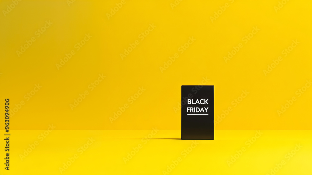 Black Friday sale sign on a small black box against a bright yellow background. Minimalist design for promotional banners, posters, and advertising materials with copy space.