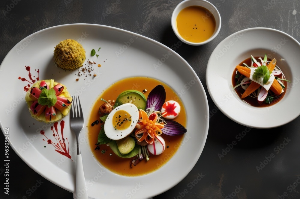 Peruvian Delicacies in Modern Styling White Dishes with Artistic Food Ai Generated Peruvian Delicacies in Modern Styling White Dishes with Artistic Food Ai Generated