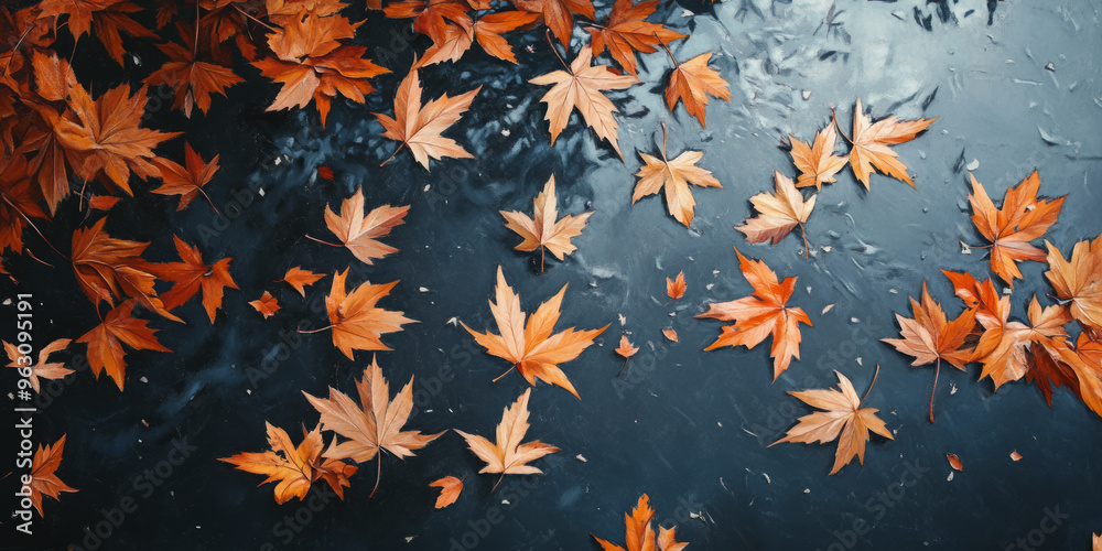 Orange autumn leaves scattered on a dark wet surface. Nature scene capturing the essence of fall with contrast between leaves and water.