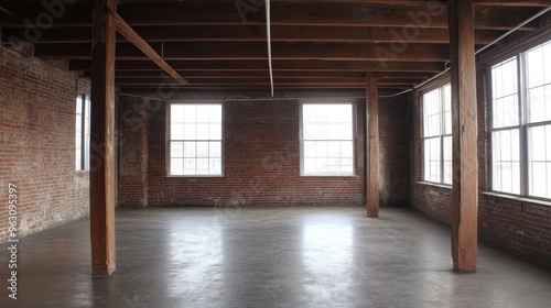Empty Brick Warehouse Interior with Large Windows and Exposed Beams