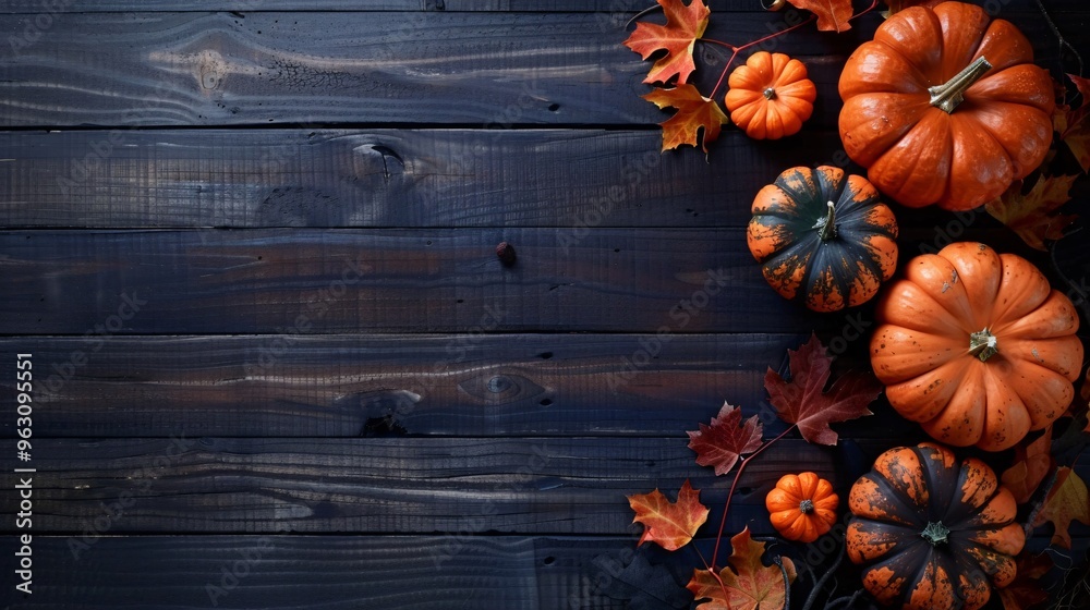 Pumpkins and Autumn Leaves on Dark Wooden Background – Rustic Seasonal Fall Decoration and Harvest Scene. Pumpkins and Autumn Leaves on Dark Wooden Background – Rustic Seasonal Fall Decoration and Harvest Scene.