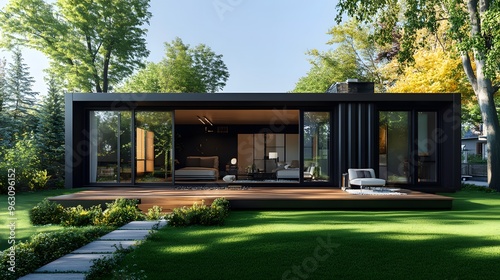 Modern container home, green lawn, sunlit garden, wooden deck, glass sliding doors, black exterior, trees in background, blue sky, natural lighting, outdoor living space.