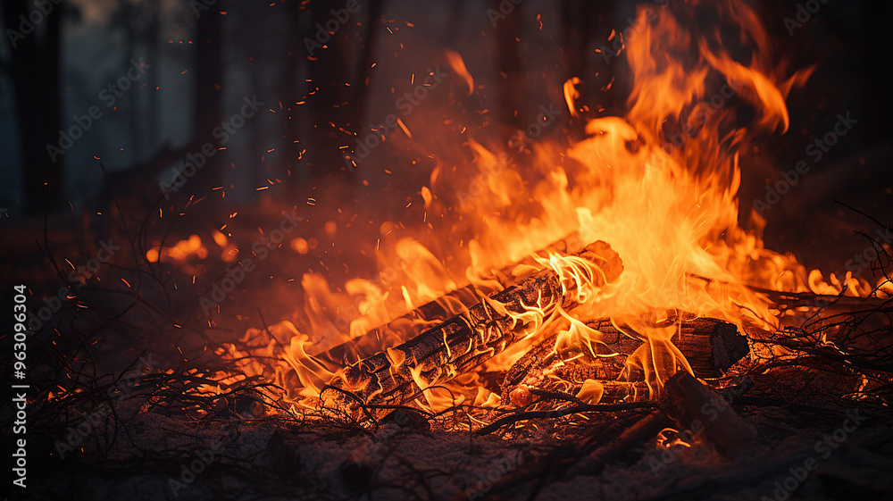 A roaring campfire with bright orange flames and glowing embers crackling in the night forest. A roaring campfire with bright orange flames and glowing embers crackling in the night forest.