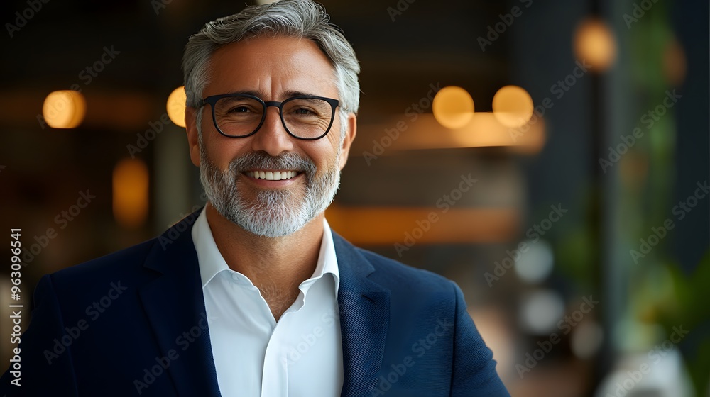 Professional middle-aged man, white dress shirt, navy blue blazer, glasses, gray hair and beard, warm smile, confident expression, office or cafe setting, blurred background. Professional middle-aged man, white dress shirt, navy blue blazer, glasses, gray hair and beard, warm smile, confident expression, office or cafe setting, blurred background.
