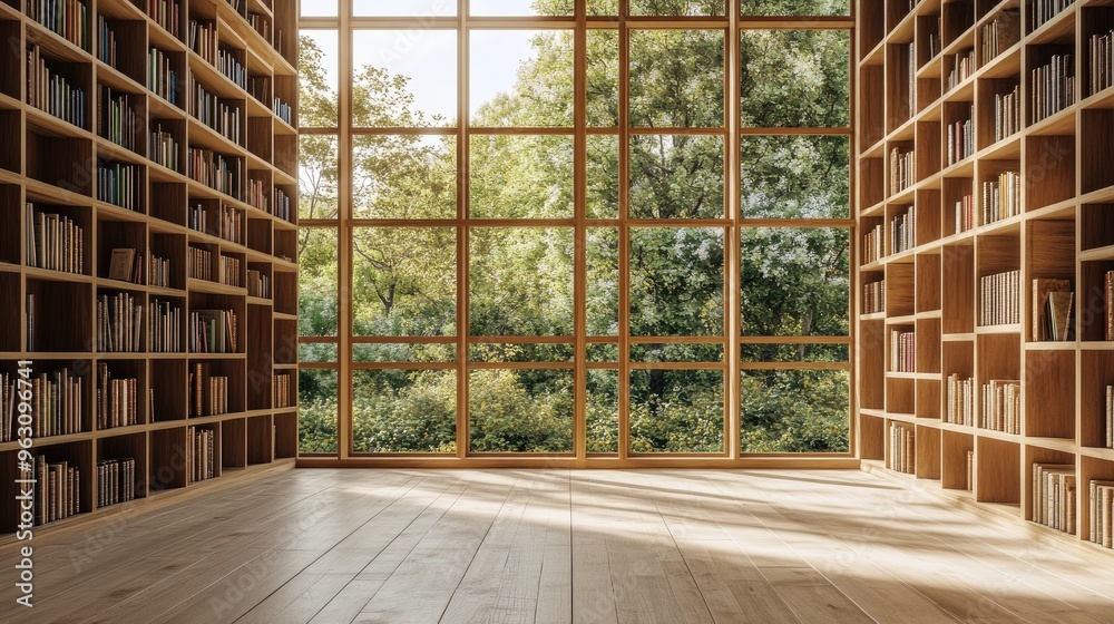 Sunlit Wooden Room with Large Window and Bookshelves Sunlit Wooden Room with Large Window and Bookshelves