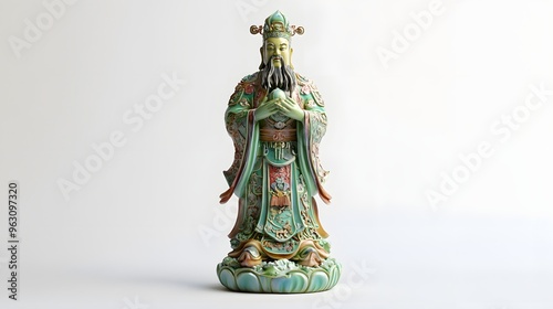 133. "The Taoist Jade Emperor statue in 3D, intricately designed with sacred symbols and vibrant details, set against a clean white background.