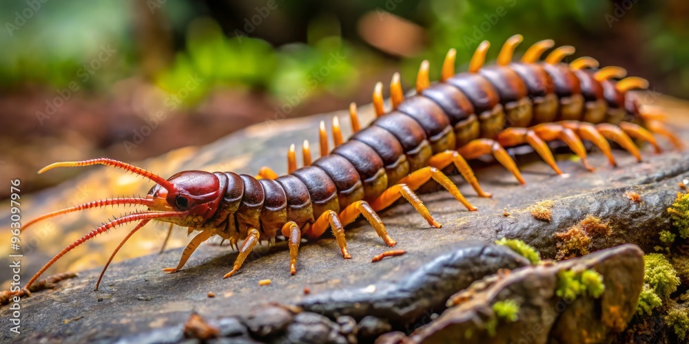 Fototapeta premium The centipede's segmented body undulated with each deliberate movement, its piercing gaze fixed on some distant prey,