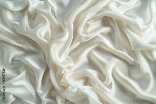 Close-up view of white fabric with intricate pattern. Crumpled and folded texture adds depth to image. Fabric possibly made from silk or satin material. Blurred background draws focus to fabric.