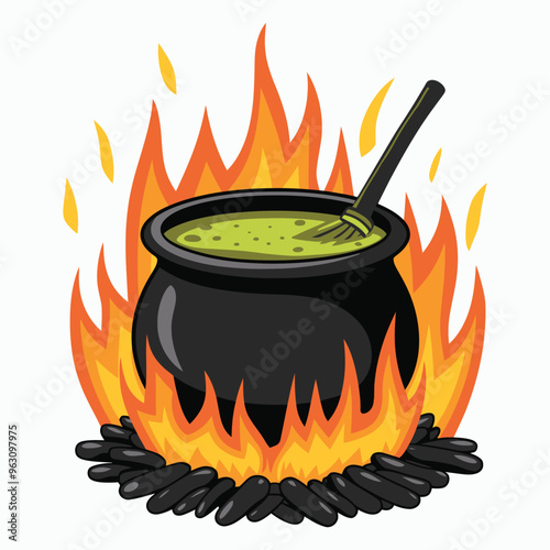 Witch’s potion boiling fiercely in iron cauldron amidst fire
