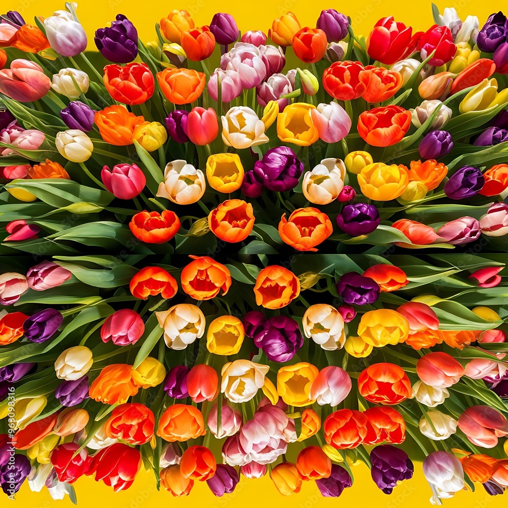Top view of spring tulips on colorful yellow background, panoramic shot Top view of spring tulips on colorful yellow background, panoramic shot