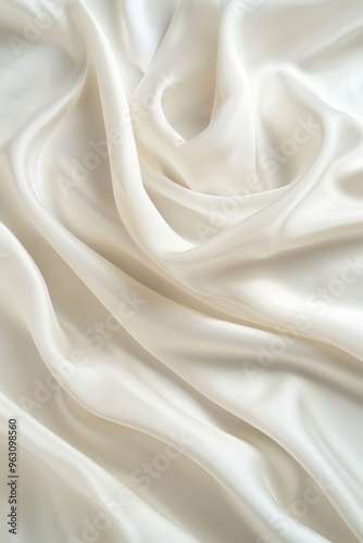 Close-up view of white fabric with slight curl at top and bottom edges. Fabric appears smooth with subtle texture. Gray background provides contrast making fabric stand out.