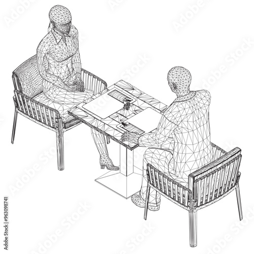 Wireframe of man and woman sitting on chairs opposite each other at the table. Job interview. Vector illustration. 3D