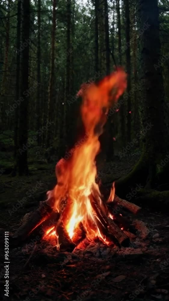 Bonfire in the forest. Campfire flames in dark forest. Forest campfire with bright flames in daylight. Bonfire in the forest. Campfire flames in dark forest. Forest campfire with bright flames in daylight.