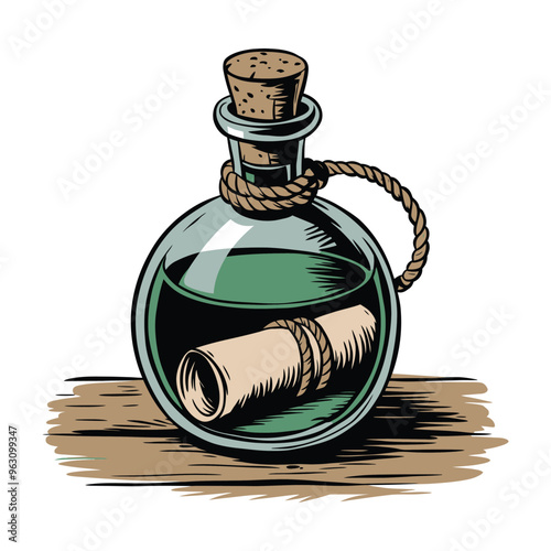Vintage message in a bottle with rolled parchment and cork stopper