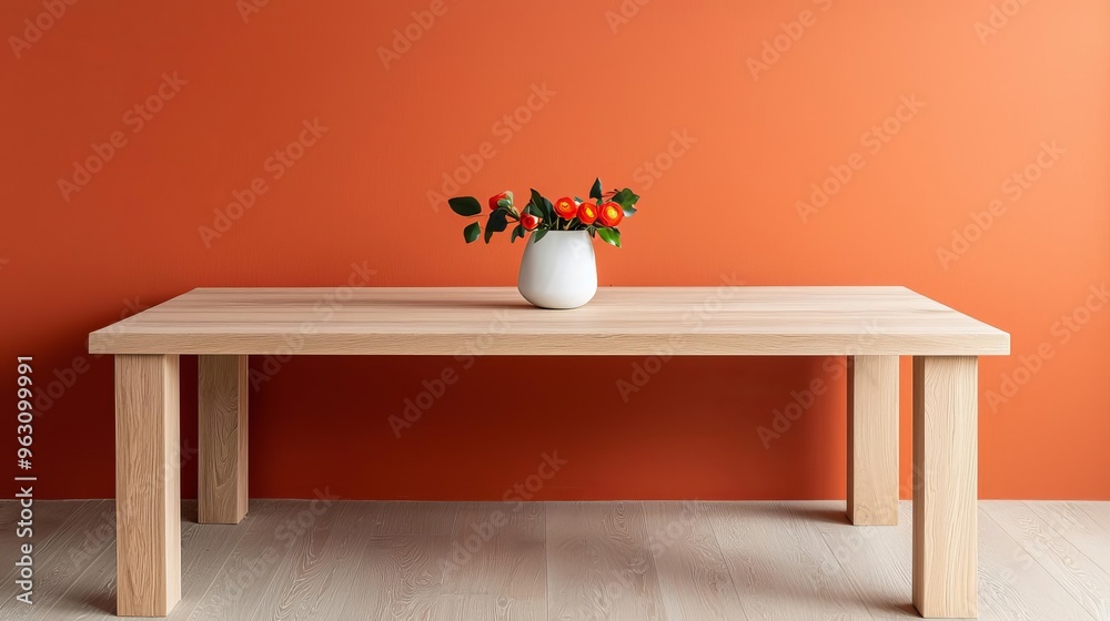A modern wooden table with a vase of flowers against a vibrant orange wall, creating a warm and inviting atmosphere. A modern wooden table with a vase of flowers against a vibrant orange wall, creating a warm and inviting atmosphere.