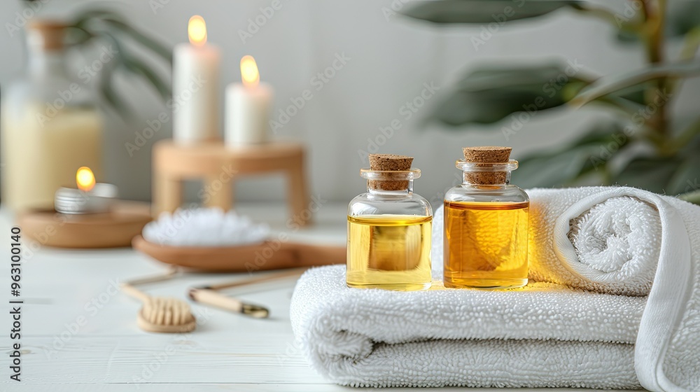 two small glass bottles filled with warm, yellow oil two small glass bottles filled with warm, yellow oil