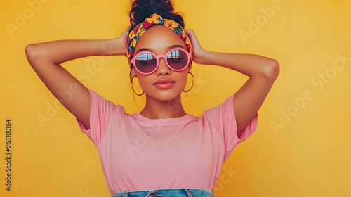 Young woman, pink t-shirt, colorful headband, round pink sunglasses, joyful expression, hands behind head, denim waistband, pale yellow background, vibrant colors, fashion portrait, Gen Z style. photo