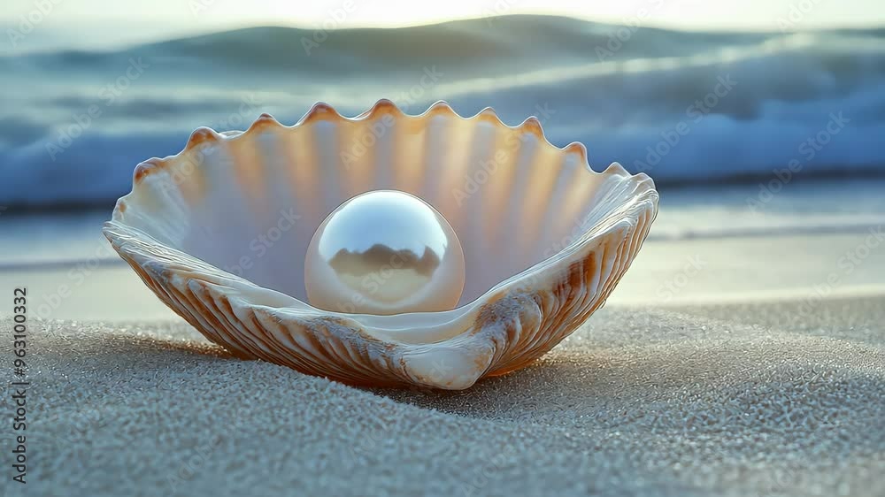 Pearl in seashell on sandy beach at sunrise, serene nature and tranquility concept