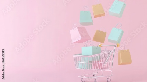 Soft pastel-colored shopping cart with floating bags and boxes, whimsical cartoon 3D render