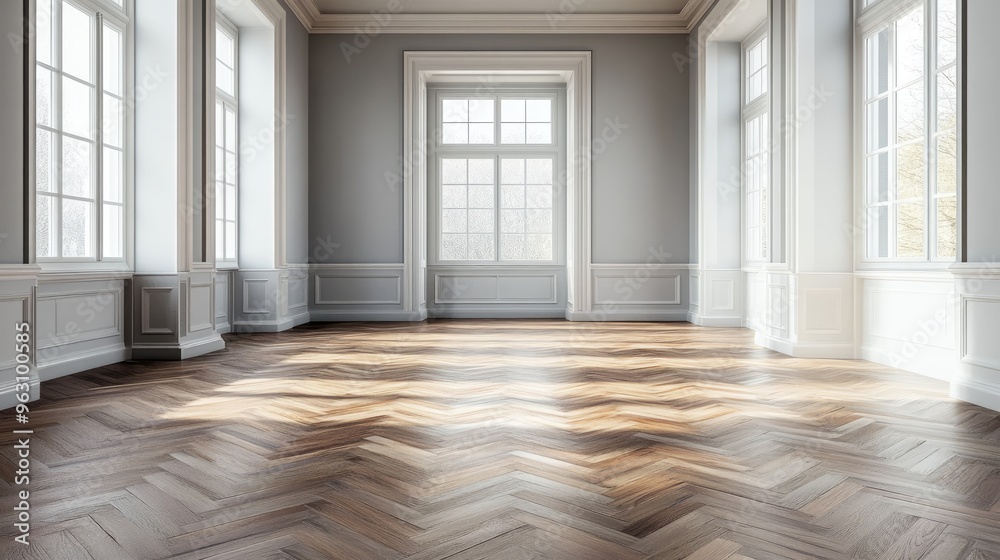 Sunlit Room with Grey Walls, White Trim, and Herringbone Wood Floors Sunlit Room with Grey Walls, White Trim, and Herringbone Wood Floors
