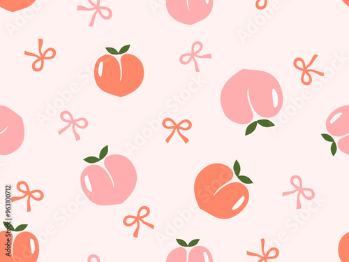 Seamless pattern of peach fruit with green leaves and ribbon bow on pink background vector.