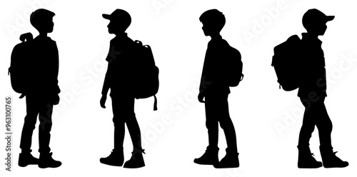 Set of silhouettes of boys with backpacks and in a cap on a transparent background