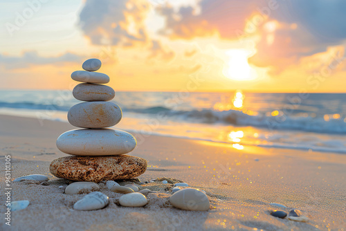A stack of rocks on a beach with a sunset in the background,