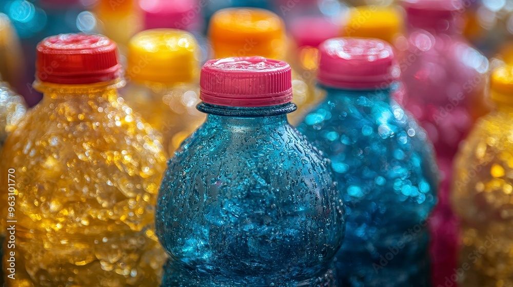 Close-up of colorful glass bottles with water droplets.