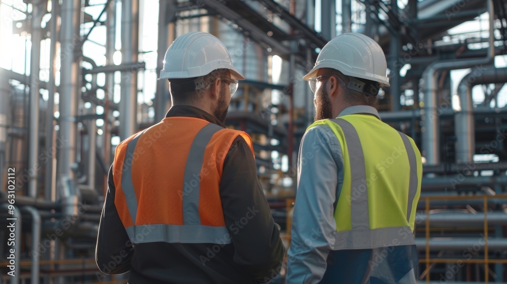 Industrial workers in safety vests and hard hats collaborating on a project, engineer, industrial, safety, construction, factory, building, development, architect, production Industrial workers in safety vests and hard hats collaborating on a project, engineer, industrial, safety, construction, factory, building, development, architect, production