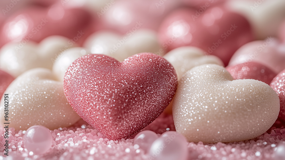 Obraz premium A close-up of pink and white heart 3d shapes with small glittering Valentine's Day background