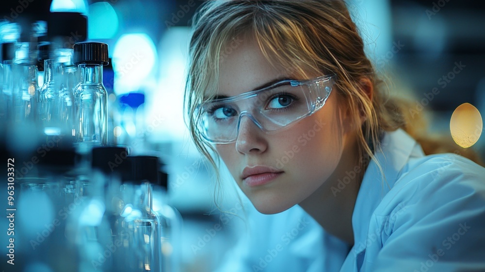 Young female scientist looking at glass vials in a lab. Young female scientist looking at glass vials in a lab.