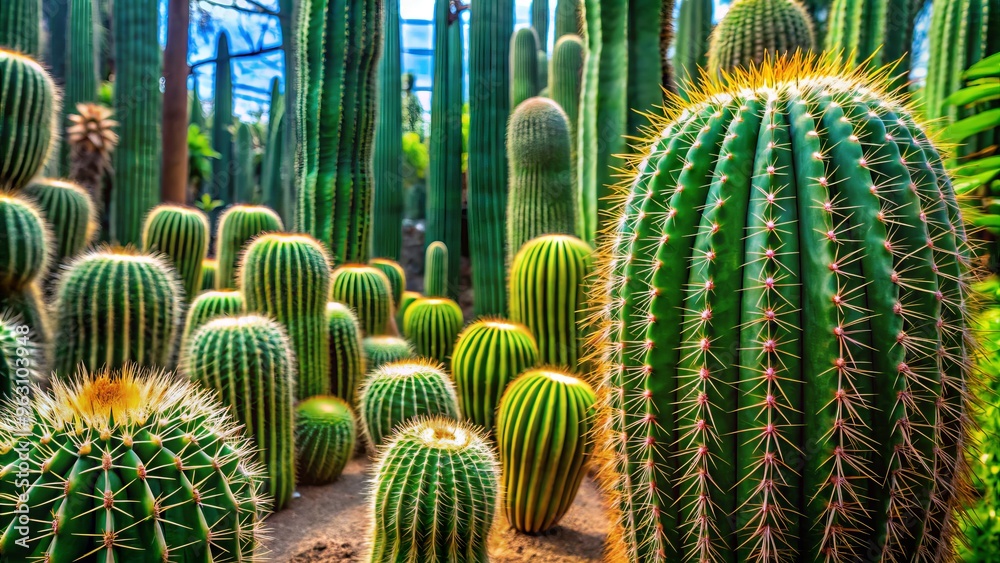 Vibrant green and spiky San Pedro cacti columns stand tall in the botanical garden, their intricate shapes and