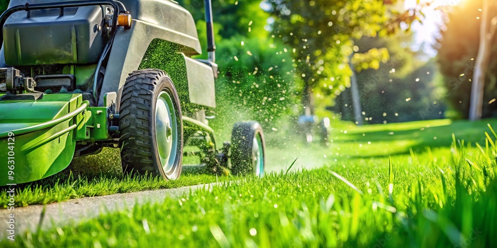 Vibrant green grass trembled and fell as a spinning blade on a machine methodically cut neat rows across Vibrant green grass trembled and fell as a spinning blade on a machine methodically cut neat rows across
