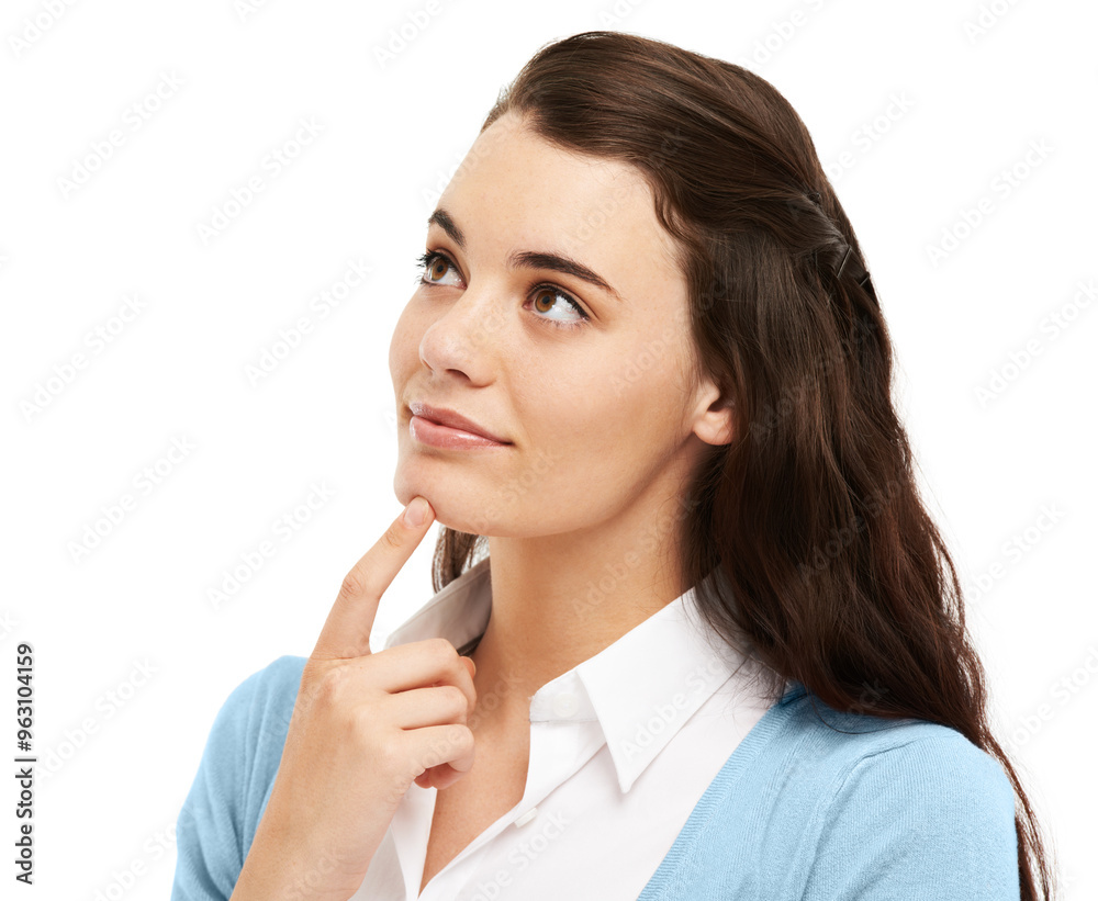 Studio, thinking and woman with smile, creative and planning of lesson, teacher and professional for education. White background, knowledge and contemplating of person, ideas and curriculum in school Studio, thinking and woman with smile, creative and planning of lesson, teacher and professional for education. White background, knowledge and contemplating of person, ideas and curriculum in school