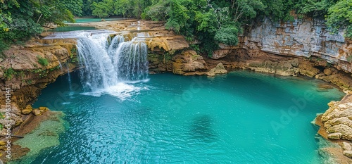 Stunning aerial view of a cascading waterfall flowing into a crystal clear turquoise pool surrounded by lush tropical foliage. A perfect getaway destination.