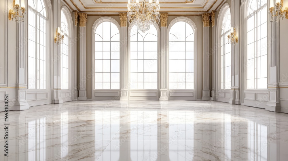 Empty Marble Hallway with Arched Windows and Golden Trim Empty Marble Hallway with Arched Windows and Golden Trim