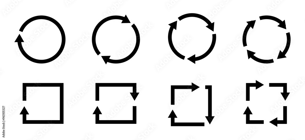 Fototapeta premium Circle and Square arrows icon set. Round reload sign, repeat icon, rotate arrow symbol, Vector illustration web design. flat style, clip art.