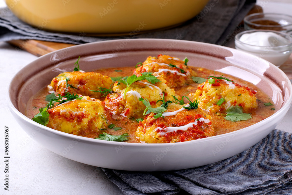Malai Kofta served with yogurt and fresh herbs. Hot meal with potato and paneer cheese balls in tomato sauce. Indian cuisine Malai Kofta served with yogurt and fresh herbs. Hot meal with potato and paneer cheese balls in tomato sauce. Indian cuisine