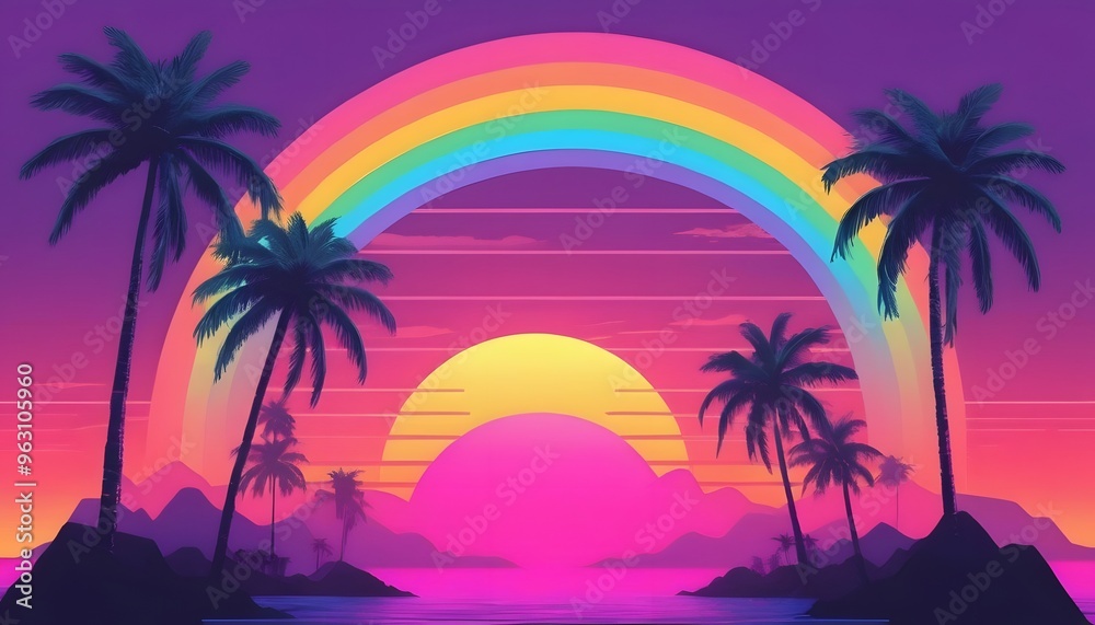Palm trees and rainbow 80s landscape in vaporwave style. Retrowave vacation background with tropical sunset and palms Palm trees and rainbow 80s landscape in vaporwave style. Retrowave vacation background with tropical sunset and palms