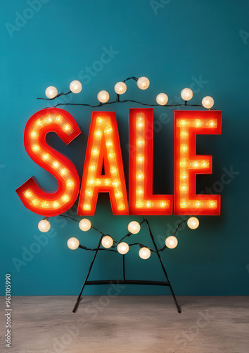 Red neon sign on the wall, bold text promoting a happy new year sale with festive gold accents photo