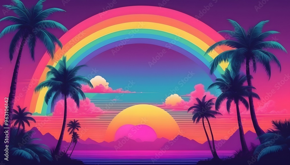 Palm trees and rainbow 80s landscape in vaporwave style. Retrowave vacation background with tropical sunset and palms