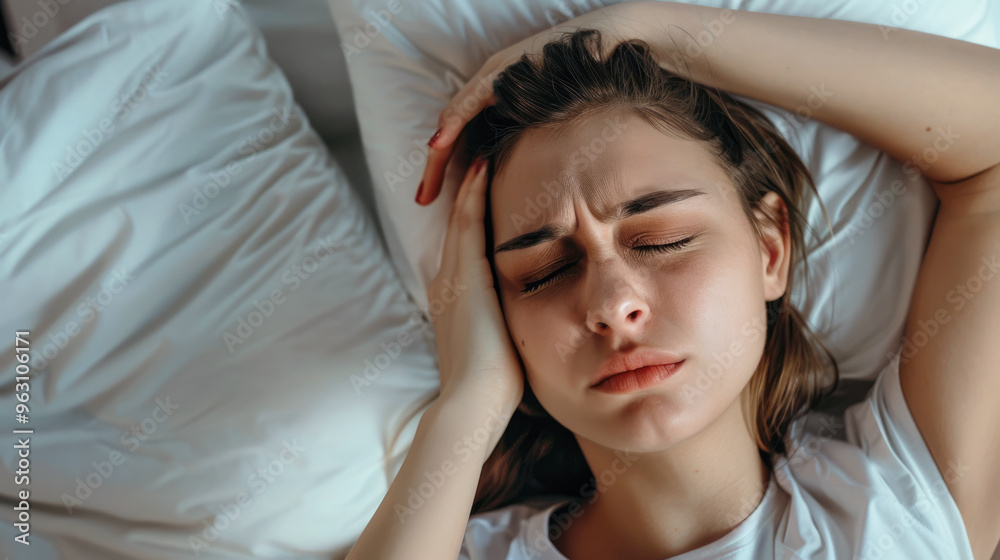 A middle-aged woman with a morning headache lies in bed, suffering from a migraine. A middle-aged woman with a morning headache lies in bed, suffering from a migraine.